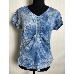 Gloria Vanderbilt Short Sleeve Floral Crochet Babydoll Top Women's Size L Blue
